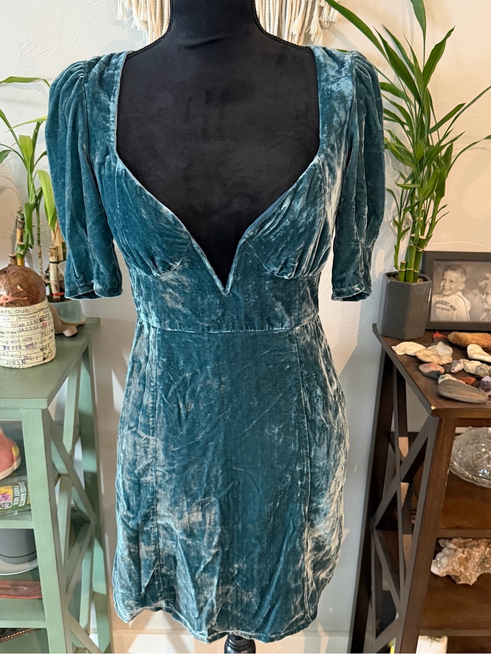 NWT Teal Velvet Puff-Sleeve Dress